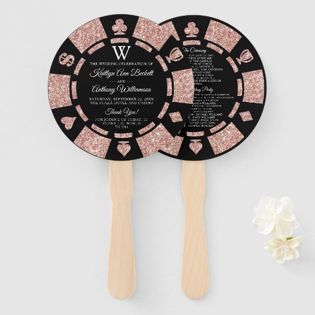 Rose Gold Monogram Poker Chip Casino Hochzeit Fächer (Vorne und Hinten)