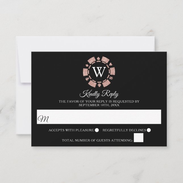Rose Gold Monogram Poker Chip Casino Hochzeit RSVP Karte (Vorderseite)