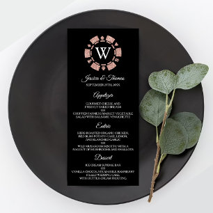 Rose Gold Monogram Poker Chip Casino Hochzeitsmenü Werbekarte