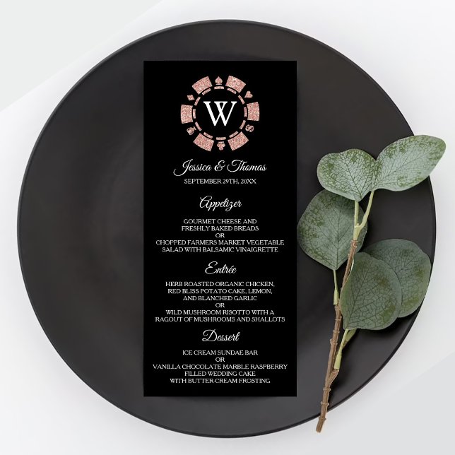Rose Gold Monogram Poker Chip Casino Hochzeitsmenü Werbekarte (Von Creator hochgeladen)