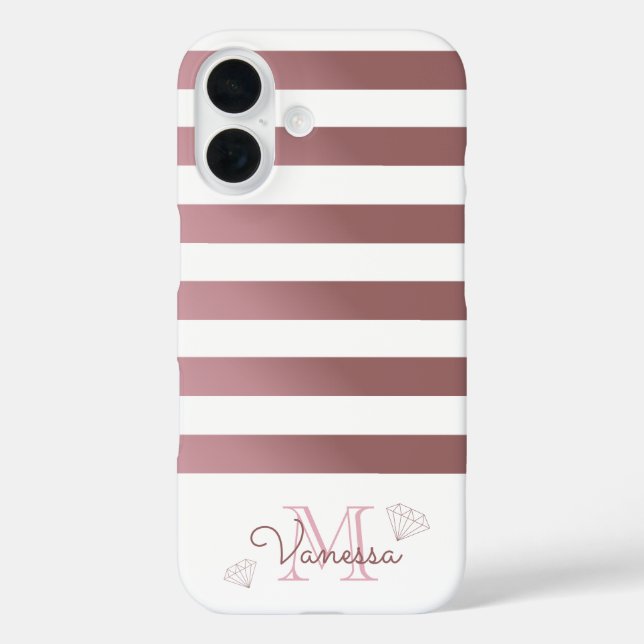 Rose Gold Monogram Streifen mit geometrischen Diam iPhone 16 Hülle (Rückseite)