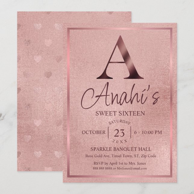 Rose Gold Monogram Sweet Sixteen Einladung (Vorne/Hinten)
