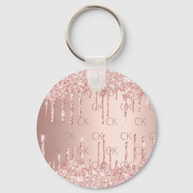 Rose Gold Monogramm Initialen Glitzer Tropfen Luxu Schlüsselanhänger (Vorderseite)
