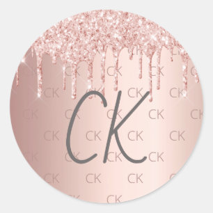Rose Gold Monogramm Initialen Glitzer Tropfen Runder Aufkleber