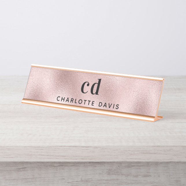 Rose Gold Monogramm Initialen minimalistisch Schreibtischnamensplakette (Vorderseite )