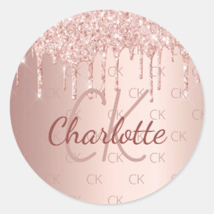 Rose Gold Monogramm Name Tropfen Runder Aufkleber