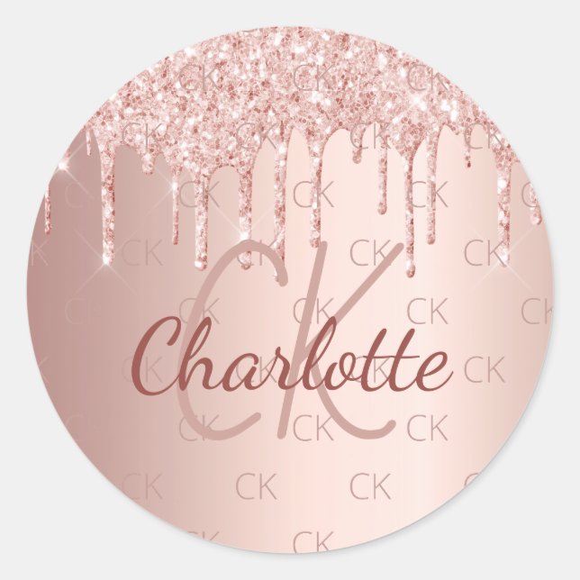 Rose Gold Monogramm Name Tropfen Runder Aufkleber (Vorderseite)