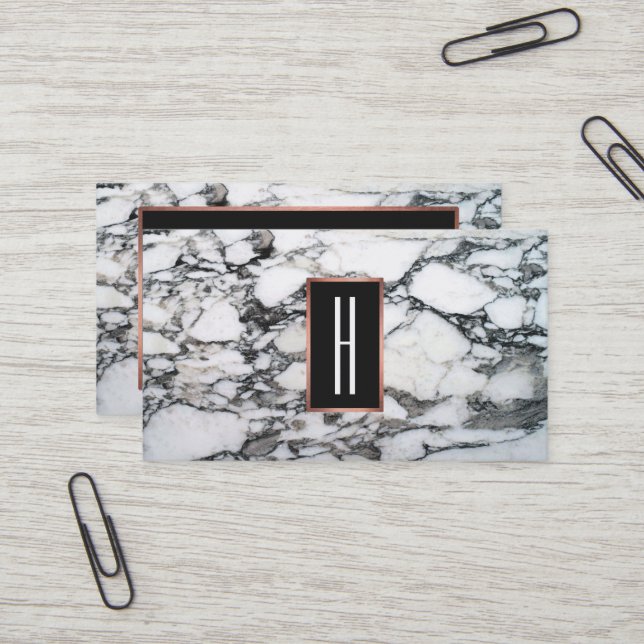 Rose Gold Monogramm Schwarz-weißer Marmor Visitenkarte (Vorderseite/Rückseite Beispiel)