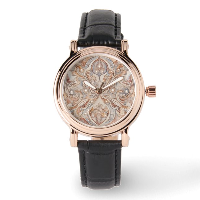 Rose Gold Mozaik Muster mit Perl Design Art Armbanduhr (Vorderseite)