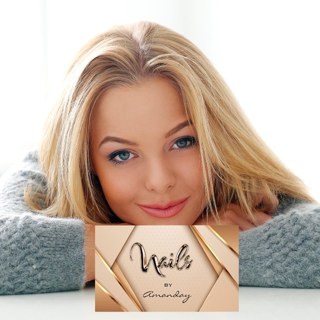 Rose Gold Nail Script Geometric Logo Gerahmt Visitenkarte (Rose Gold Nail Artist Script Geometric Logo Framed Business Card)