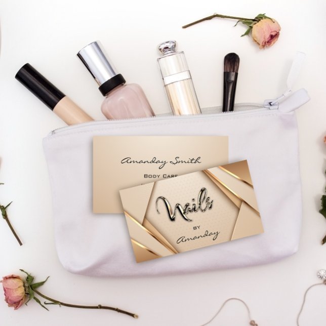 Rose Gold Nail Script Geometric Logo Modern Visitenkarte (Rose Gold Nail Artist Script Geometric Logo Modern Business Card)