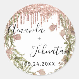 Rose Gold Name einfach Datum Blumenmuster Tropfen Runder Aufkleber