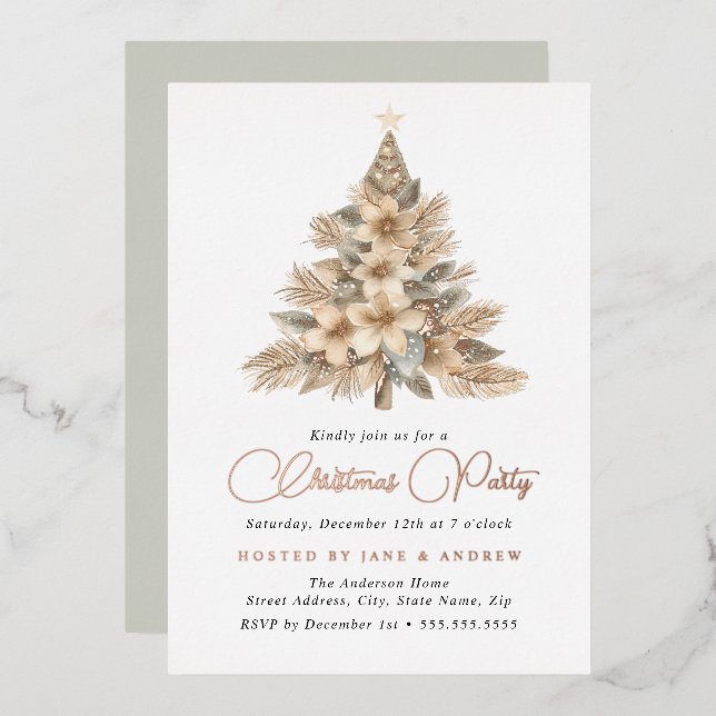 Rose Gold Natural Beige Weihnachtsbaum Folieneinladung (Vorderseite/Rückseite)