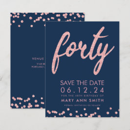 Rose Gold Navy 40. Geburtstag Rett Datum Confetti Einladung
