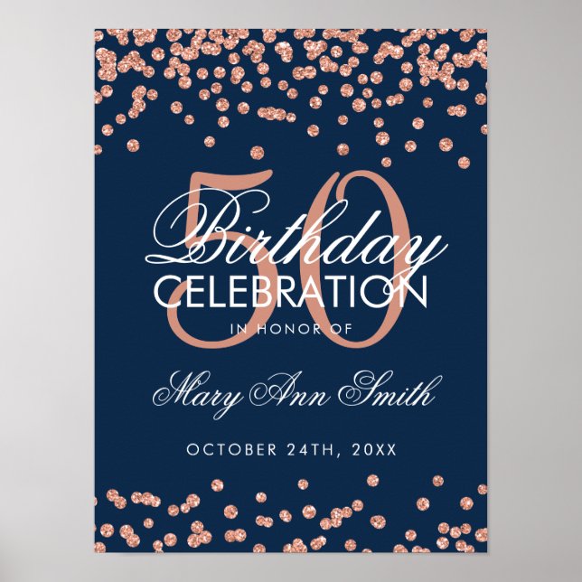 Rose Gold Navy 50. Geburtstag Glitzer Confetti Poster (Vorne)