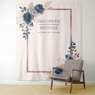 Rose Gold Navy Blau Staubiges Rosa Florales Hochze Wandteppich