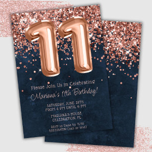 Rose Gold Navy Blue 11. Geburtstagsparty Einladung