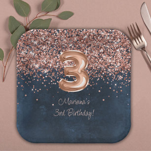 Rose Gold Navy Blue 3. Geburtstag Party Pappteller