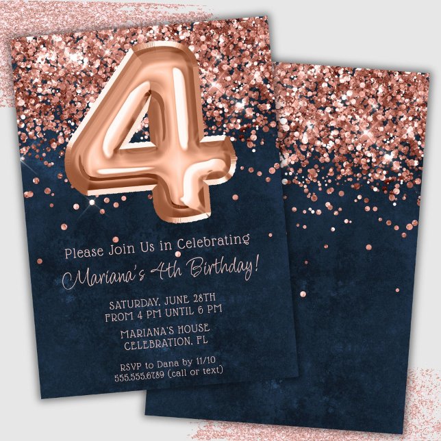 Rose Gold Navy Blue 4th Birthday Party Invitation (Créateur téléchargé)