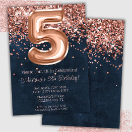 Rose Gold Navy Blue 5th Birthday Party Invitation