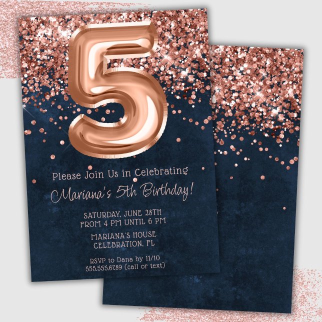 Rose Gold Navy Blue 5th Birthday Party Invitation (Créateur téléchargé)