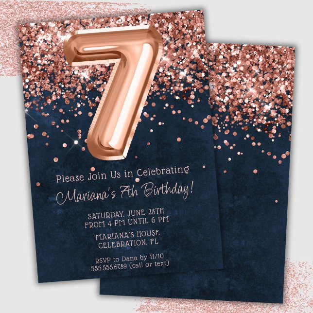 Rose Gold Navy Blue 7th Birthday Party Invitation (Créateur téléchargé)