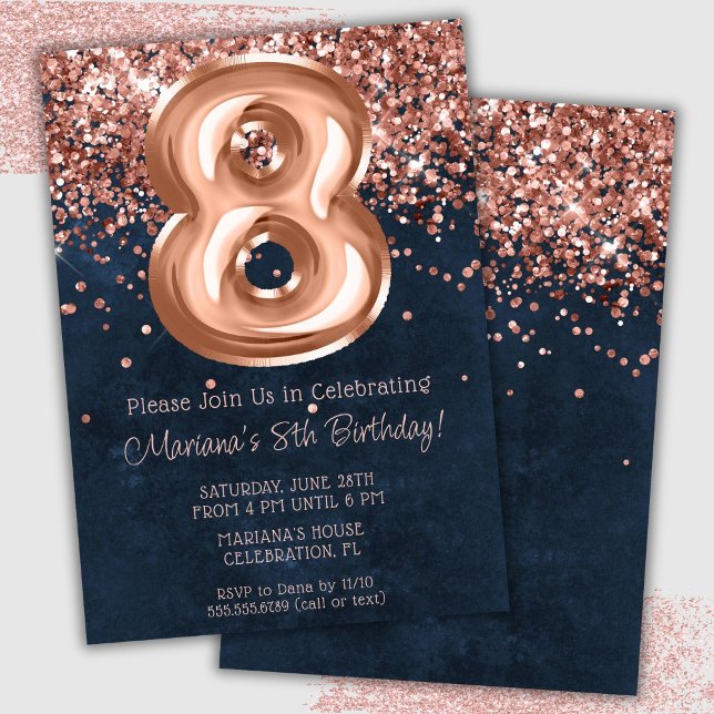 Rose Gold Navy Blue 8th Birthday Party Invitation (Créateur téléchargé)