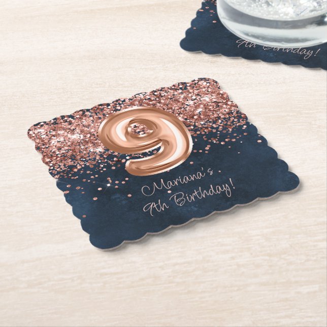 Rose Gold Navy Blue 9. Geburtstagsparty Untersetzer (angewinkelt)