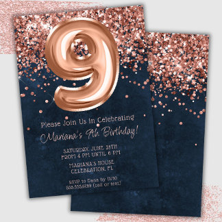 Rose Gold Navy Blue 9th Birthday Party Invitation