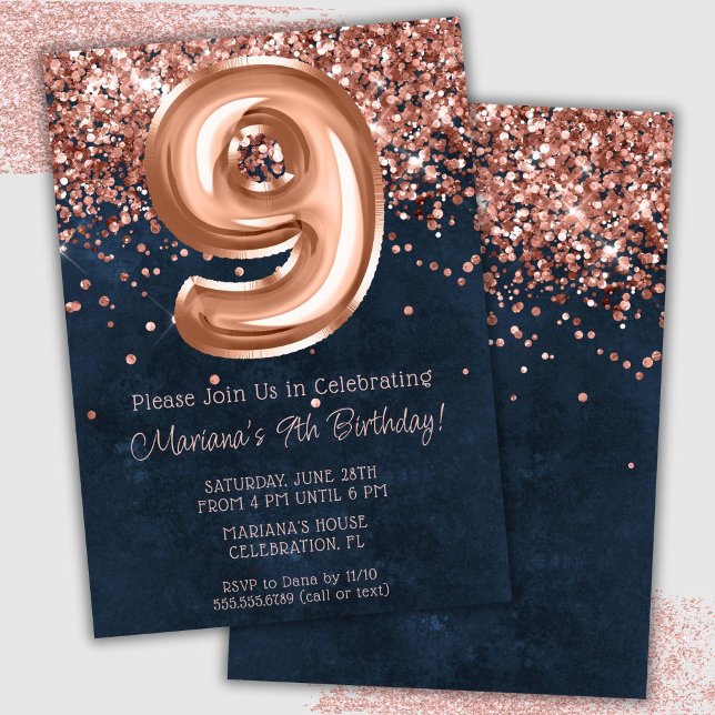 Rose Gold Navy Blue 9th Birthday Party Invitation (Créateur téléchargé)