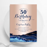 Rose Gold Navy Blue Agate Marmor 50. Geburtstag Einladung<br><div class="desc">Navy Blau und Rose Gold über 50. Geburtstag Einladung. Elegantes modernes Design mit königsblauen Aquarellfarben,  marmorgeode Hintergrund,  Imitate Glitzer Rose Gold und Typografie Drehbuch Schriftart. Die trendige Einladungskarte eignet sich perfekt für eine stilvolle Damenfeier. Gedruckte Zazzle Einladungen oder Sofortdownload digitalen druckbaren Vorlage.</div>