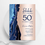 Rose Gold Navy Blue Agate Überraschung 50. Geburts Einladung<br><div class="desc">Navy Blau und Rose Gold überraschen 50. Geburtstag Einladung. Elegantes modernes Design mit königsblauen Aquarellfarben,  marmorgeode Hintergrund,  Imitate Glitzer Rose Gold und Typografie Drehbuch Schriftart. Die trendige Einladungskarte eignet sich perfekt für eine stilvolle Damenfeier. Gedruckte Zazzle Einladungen oder Sofortdownload digitalen druckbaren Vorlage.</div>