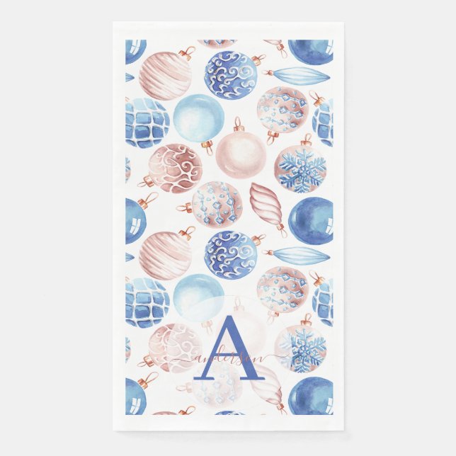 Rose Gold Navy Blue Baubles Mit Monogramm Weihnach Serviette (Vorderseite)