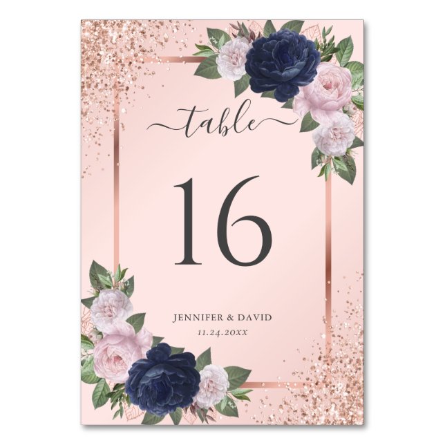 Rose Gold Navy Blue Blush Pink Blumenzwiebeln Tischnummer (Vorderseite)