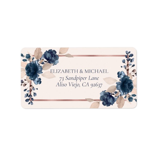 Rose Gold Navy Blue Dusty Pink Floral Address Adressaufkleber (Vorne)
