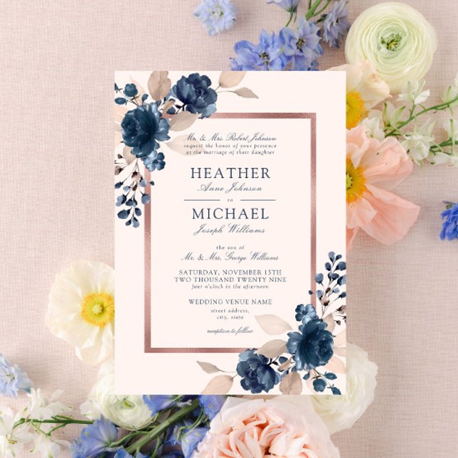 Rose Gold Navy Blue Dusty Pink Floral Wedding Einladung (Von Creator hochgeladen)