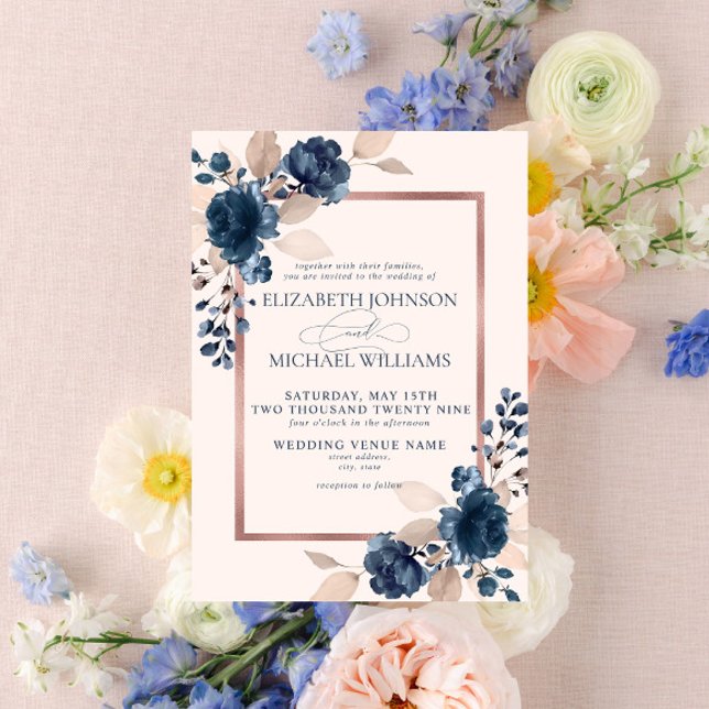 Rose Gold Navy Blue Dusty Pink Floral Wedding Invi Einladung (Von Creator hochgeladen)
