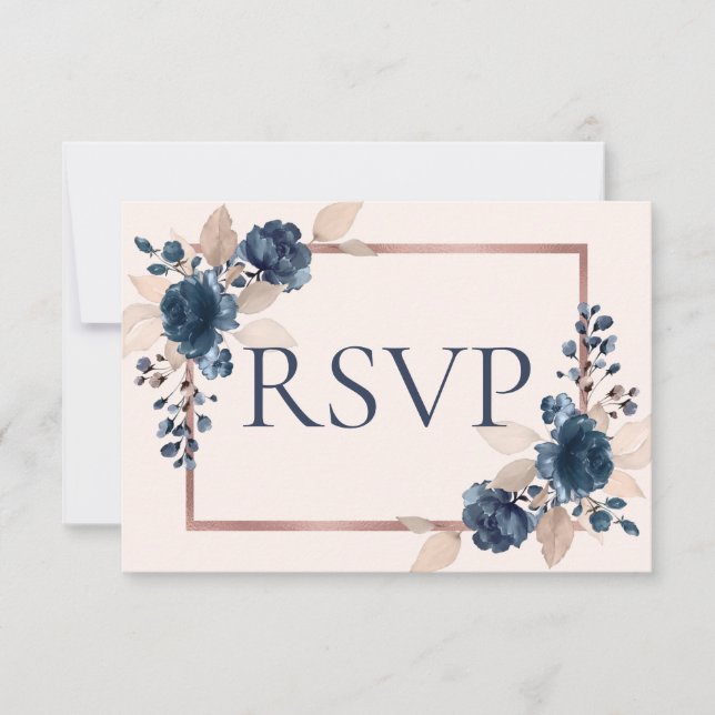Rose Gold Navy Blue Dusty Pink Floral Wedding RSVP (Vorderseite)
