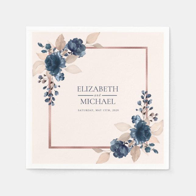 Rose Gold Navy Blue Dusty Pink Floral Wedding Serviette (Vorderseite)