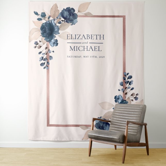 Rose Gold Navy Blue Dusty Pink Floral Wedding Wandteppich (Beispiel)