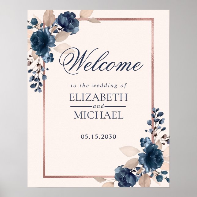 Rose Gold Navy Blue Dusty Pink Floral Willkommen Poster (Vorne)