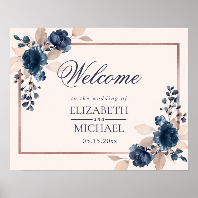 Rose Gold Navy Blue Dusty Pink Floral Willkommen Poster (Vorne)