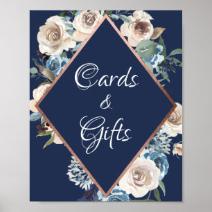 Rose Gold Navy Blue Floral Cards und Giftzeichen Poster