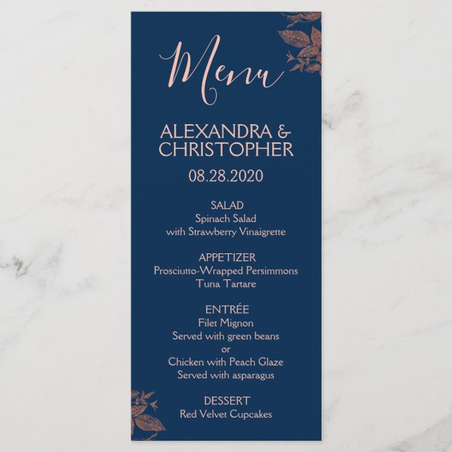 Rose Gold Navy Blue Floral Elegantes Hochzeitmenü Menükarte (Vorderseite)