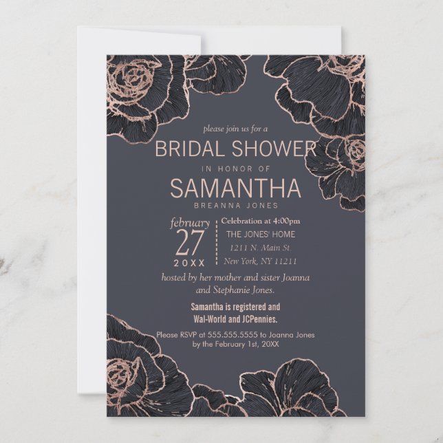 Rose Gold Navy Blue Flowers Brautparty Einladung (Vorderseite)