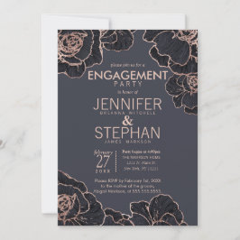 Rose Gold Navy Blue Flowers Engagement Party Einladung