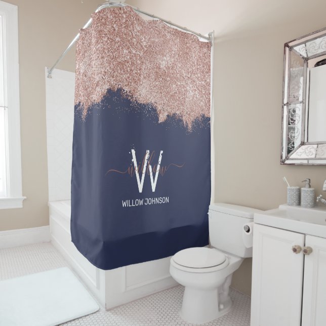 Rose Gold Navy Blue Girl Glitzer Dust Monogram Duschvorhang (Beispiel)