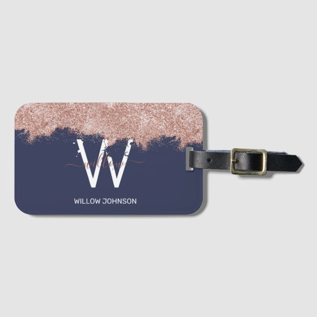 Rose Gold Navy Blue Girl Glitzer Dust Monogram Gepäckanhänger (Vorderseite (Horizontal))