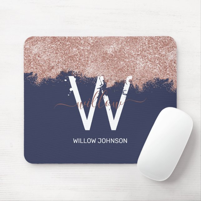 Rose Gold Navy Blue Girl Glitzer Dust Monogram Mousepad (Mit Mouse)
