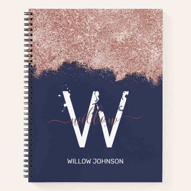 Rose Gold Navy Blue Girl Glitzer Dust Monogram Notizbuch (Vorderseite)